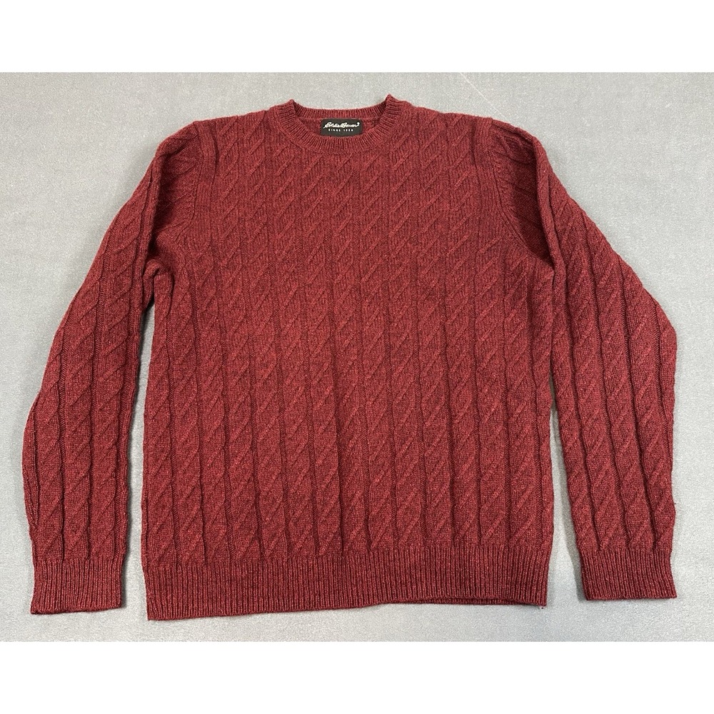 Eddie Bauer 100% Lambswool Sweater Mens Medium Pullover Cable Knit Red Preppy